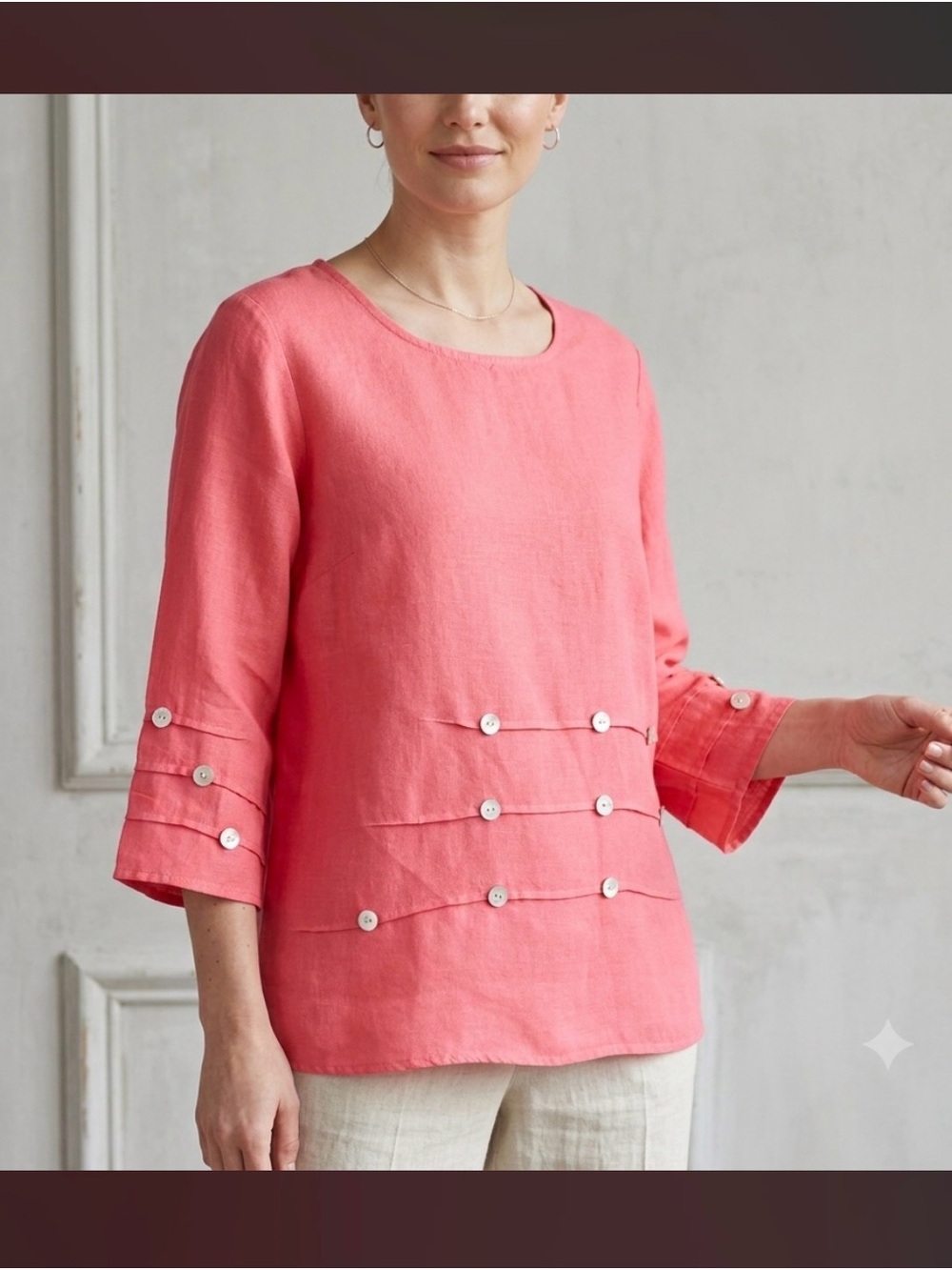 Toofan 100% Linen Tunic Blouse Coral Pink Pintuck Mother of Pearl Button M/  L